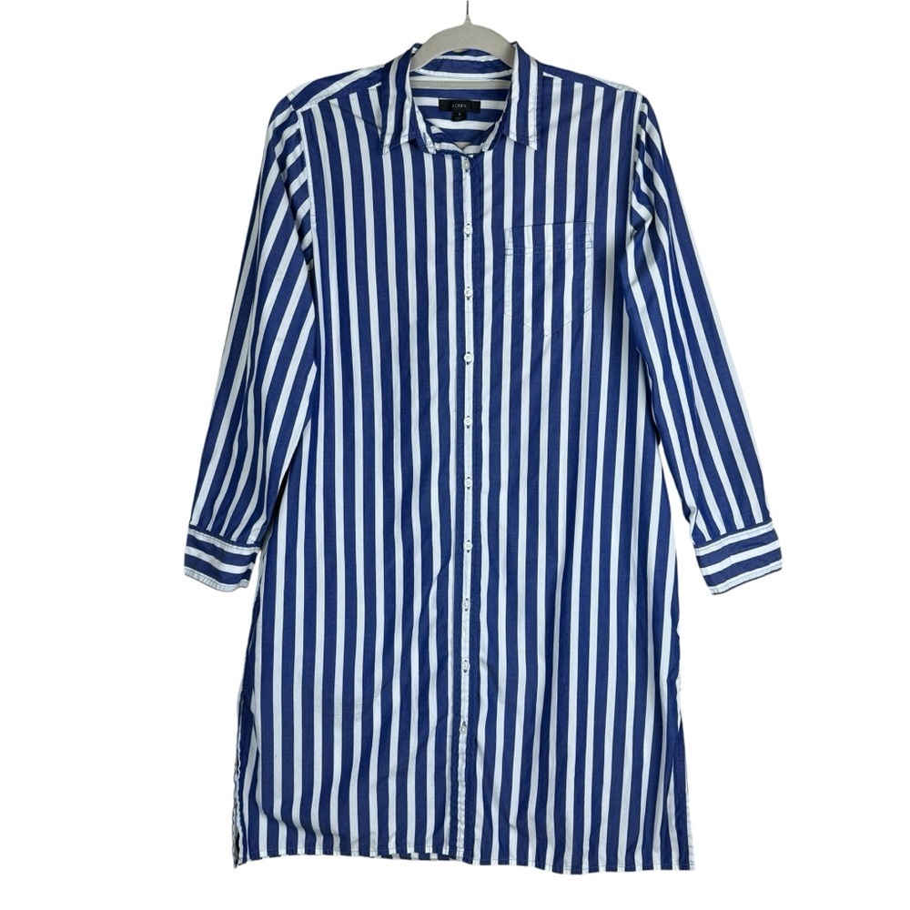 J. Crew Button Down Shirt Dress Size Small Vertical Striped Blue White Loose Fit